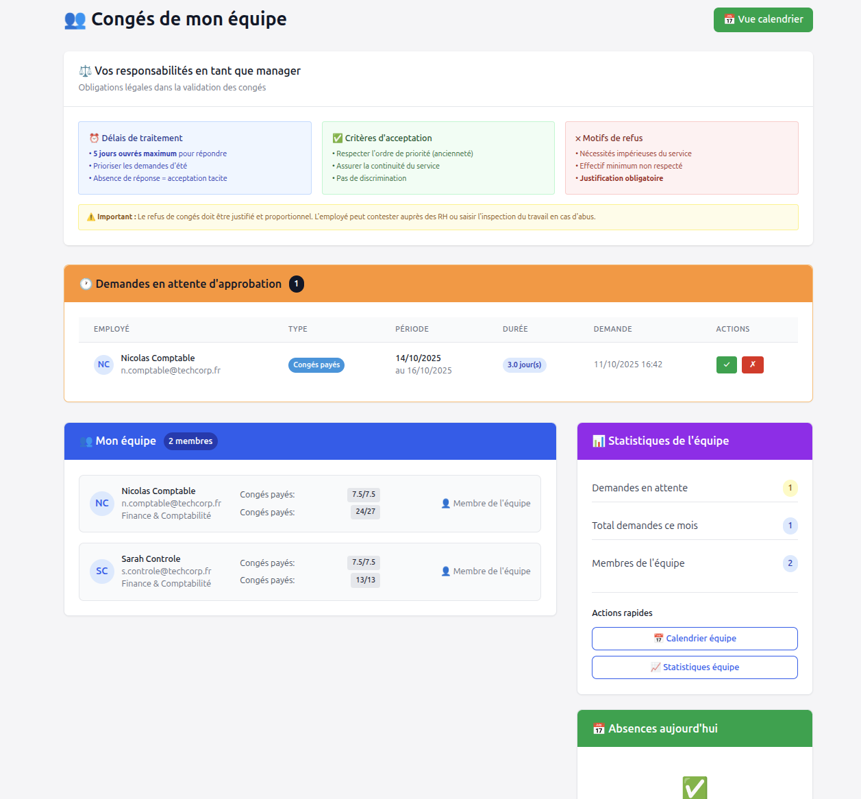 Congés de mon équipe - Vue Manager