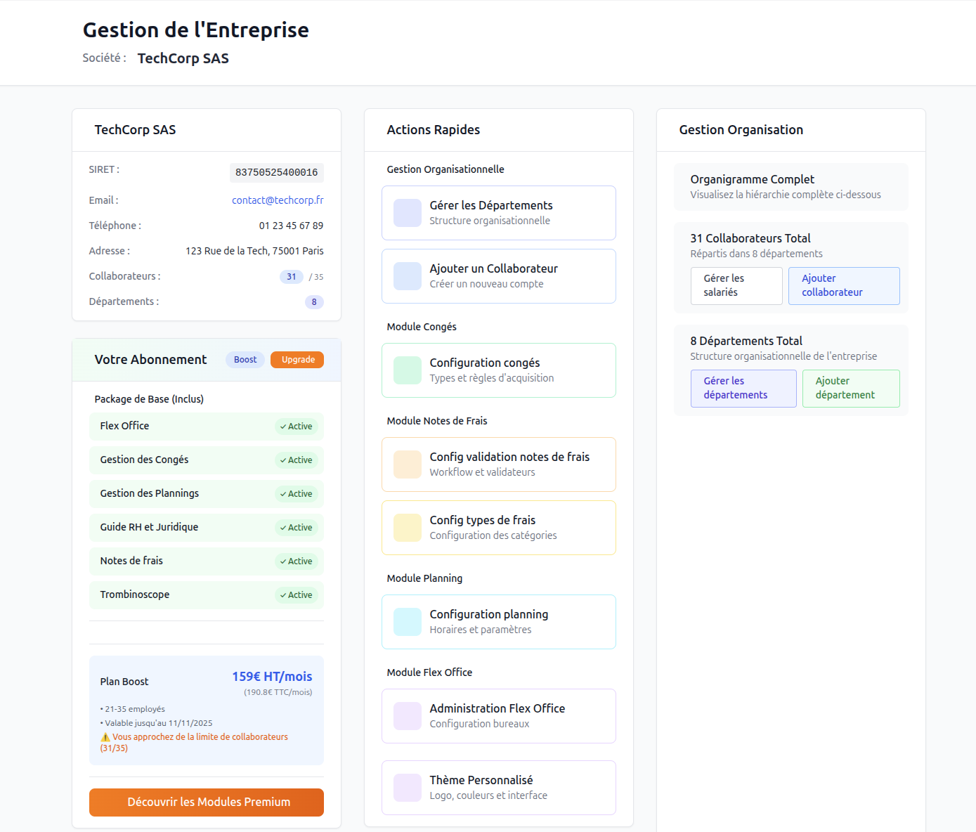 Dashboard de gestion d'entreprise