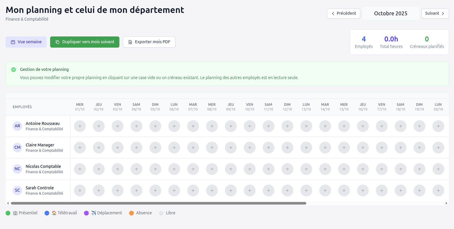 Planning de l'employé avec vue mensuelle